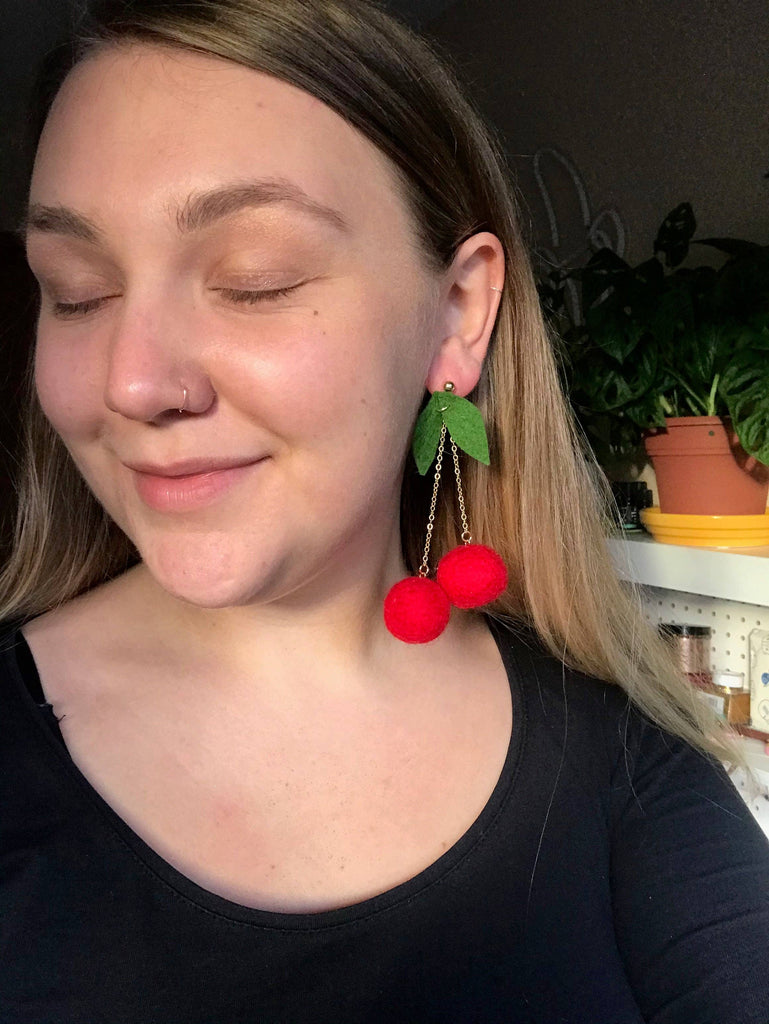 Maraschino Cherry Felt Earring