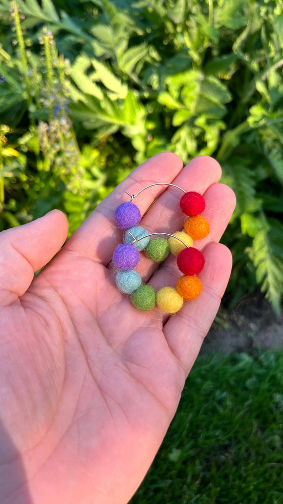 Rainbow Felt Ball Hoop Earring