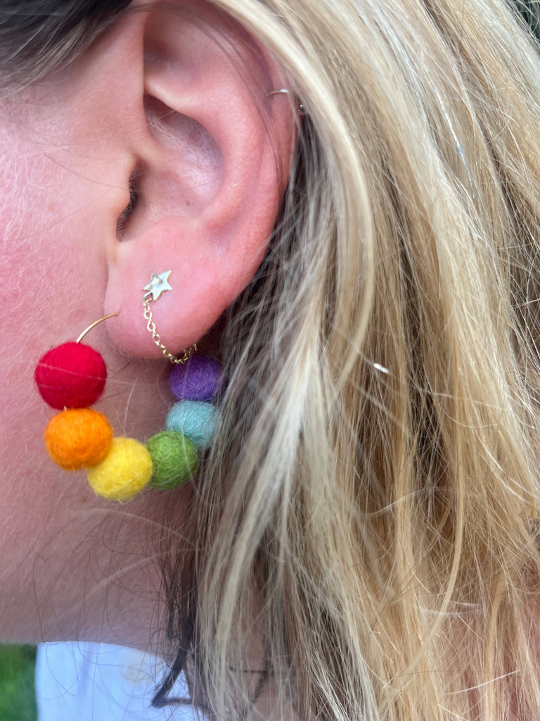 Rainbow Felt Ball Hoop Earring